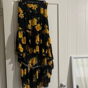 High-Low Tiered Skirt in Black with Yellow Floral Print